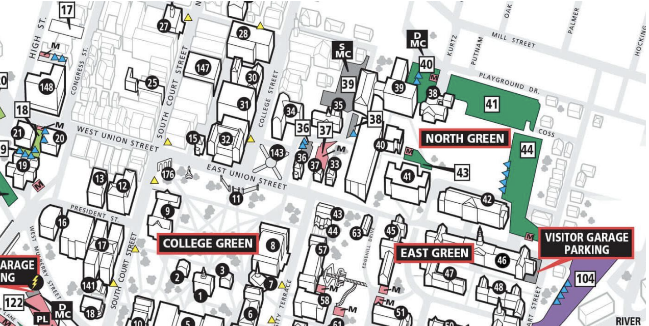 Ohio University parking map near Glidden Hall
