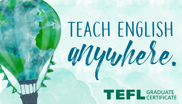 TEFL Hot air ballon graphic with Teach English Anywhere tagline