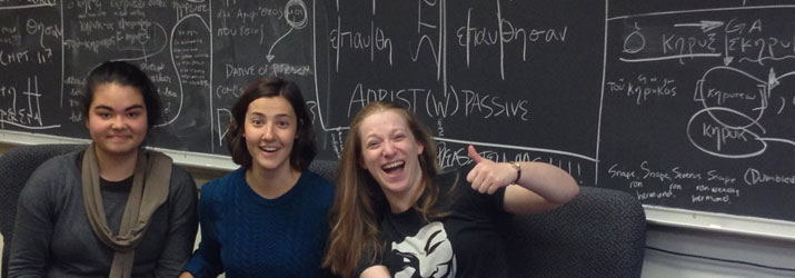 Nailed that Assignment! Students in Greek 2110, from left: Miyo Peck-Suzuki, Olivia Teleha, and Ellie Riepenhoff.