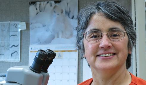 Janet Duerr in her lab with microscope