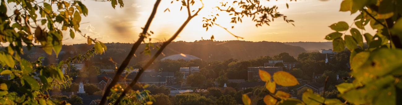 A sunset aerial view of the Athens, Ohio area from behind some trees.