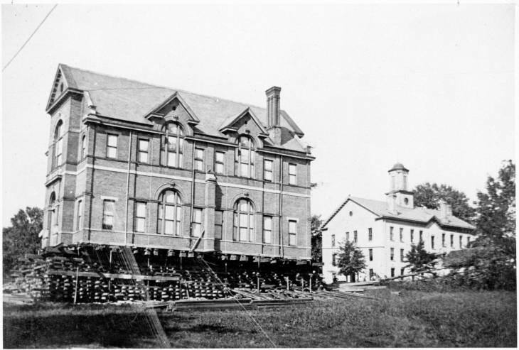 Archive photo of Ohio University Tupper Hall being moved in 1896