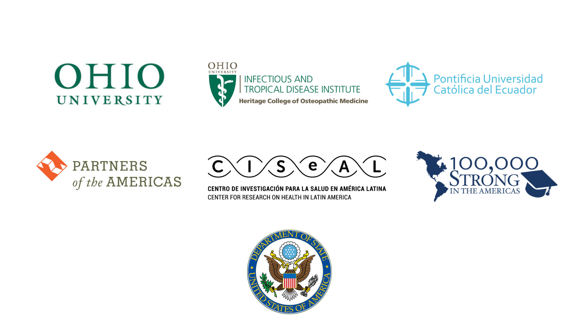 Logos of the partner of the STARS program: Ohio University, ITDI, PUCE, Partners of the Americas, CISEAL, 100,000 Strong in the Americas, Department of State of the United States of America