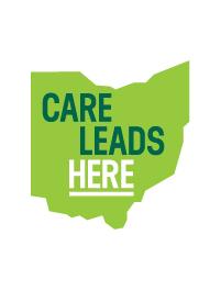 A light green silhouette of Ohio with the words, "Care Leads Here"
