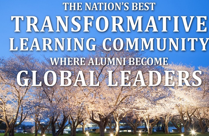Banner featuring cherry blossom trees that reads "The nation's best transformative learning community where alumni become global leaders".