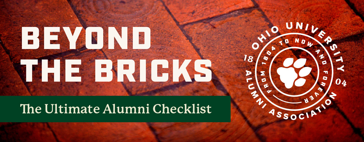 Brick background with text, "Beyond the Bricks, the Ultimate Alumni Checklist" and OUAA circle logo.