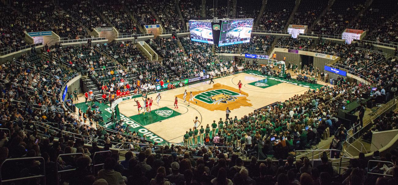 Ohio University's Convocation Center, full of sports fans watching the men's basketball team play on the court
