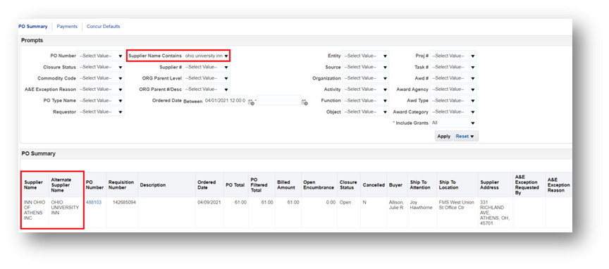 OBI: Suppliers legal names and alternate name search