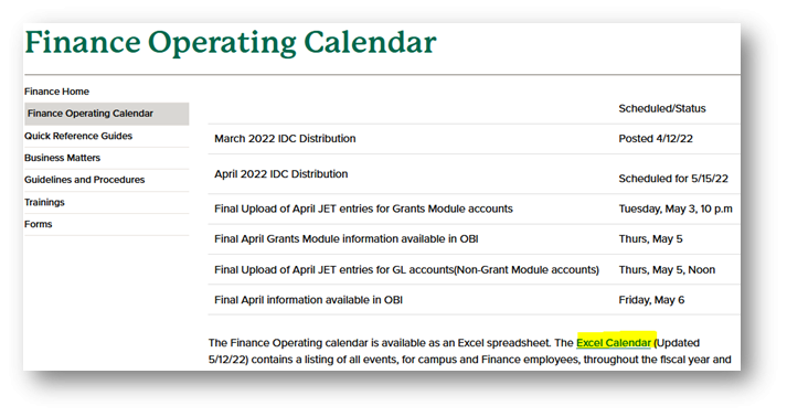 Finance Operating Calendar