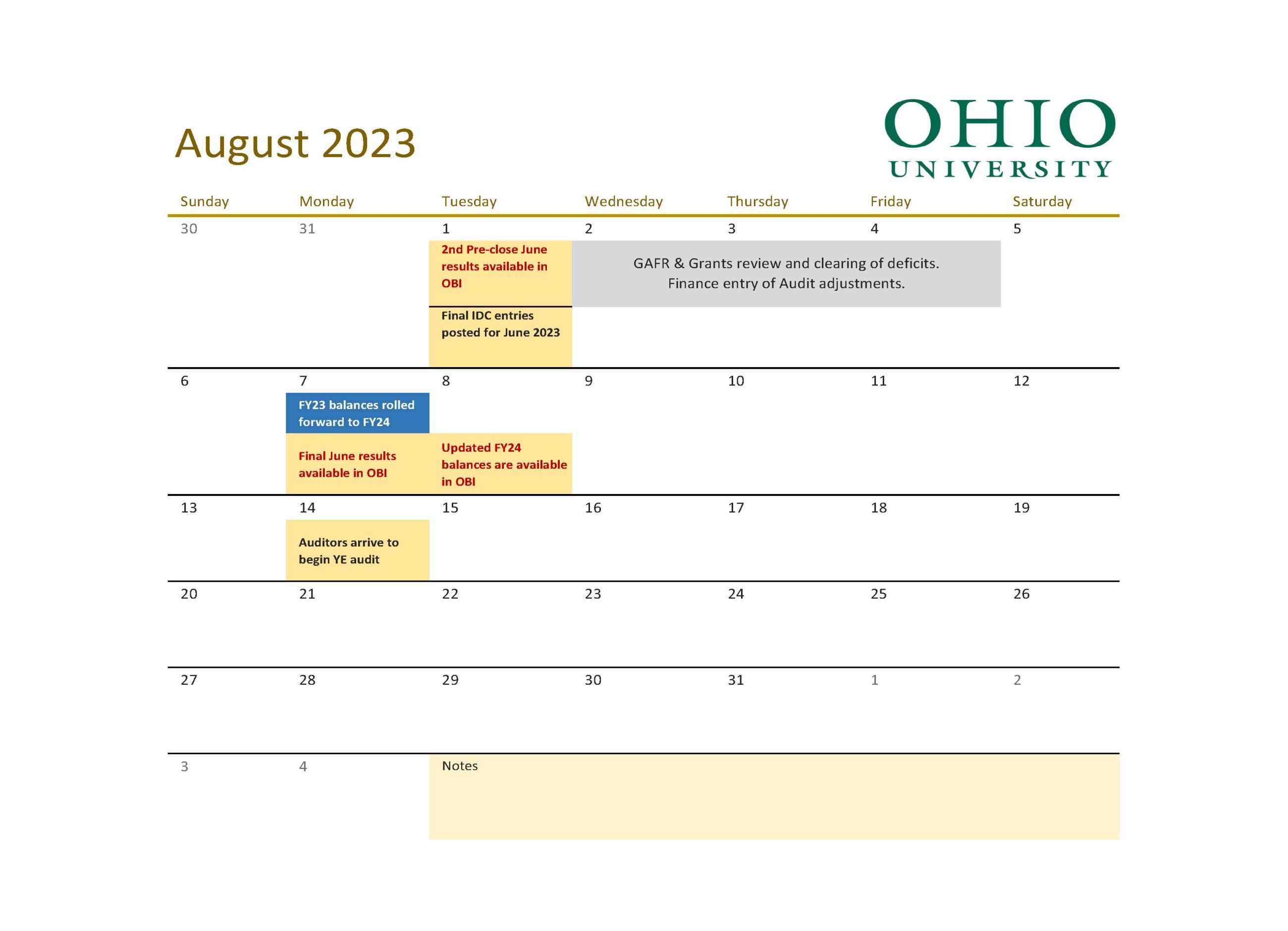 FY23 Calendar August