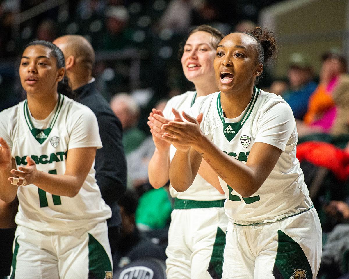 Ohio’s Asiah Baxter and teammates cheer from the bench during a game in the Convocation Center