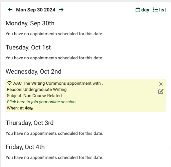 Screenshot of upcoming appointments in TracCloud