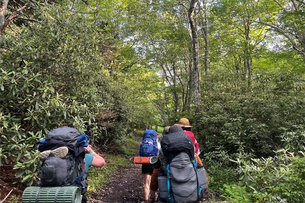 A group of students hikes in the wilderness