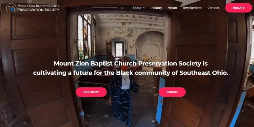 The new Mt. Zion Baptist Church Preservation Society homepage, created by Kiara Recchione, BA Strategic Communications ’20.