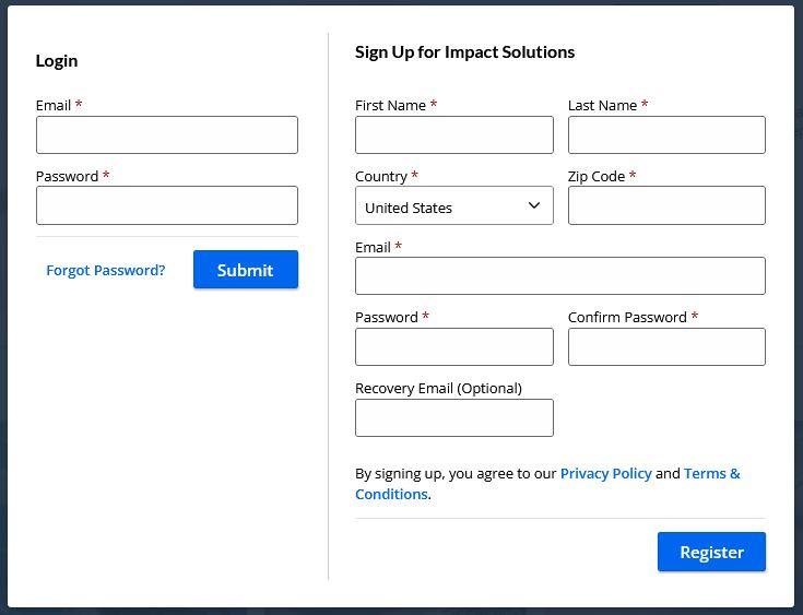 screenshot of sign up for impact solutions