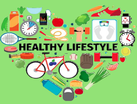 Healthy Lifestyle verbiage surrounded by healthy items such as food, exercise, alarms, all forming a heart.