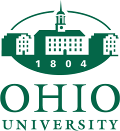 Ohio University secondary formal logo, featuring the woodcut buildings above the wordmark rather than beside