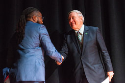 President Nellis introduces Al Letson at the second Challenging Dialogues lecture on April 22.