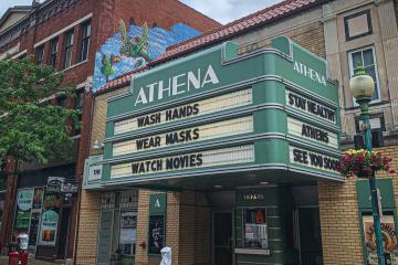 Athena Cinema in Athens, with marquee reading 