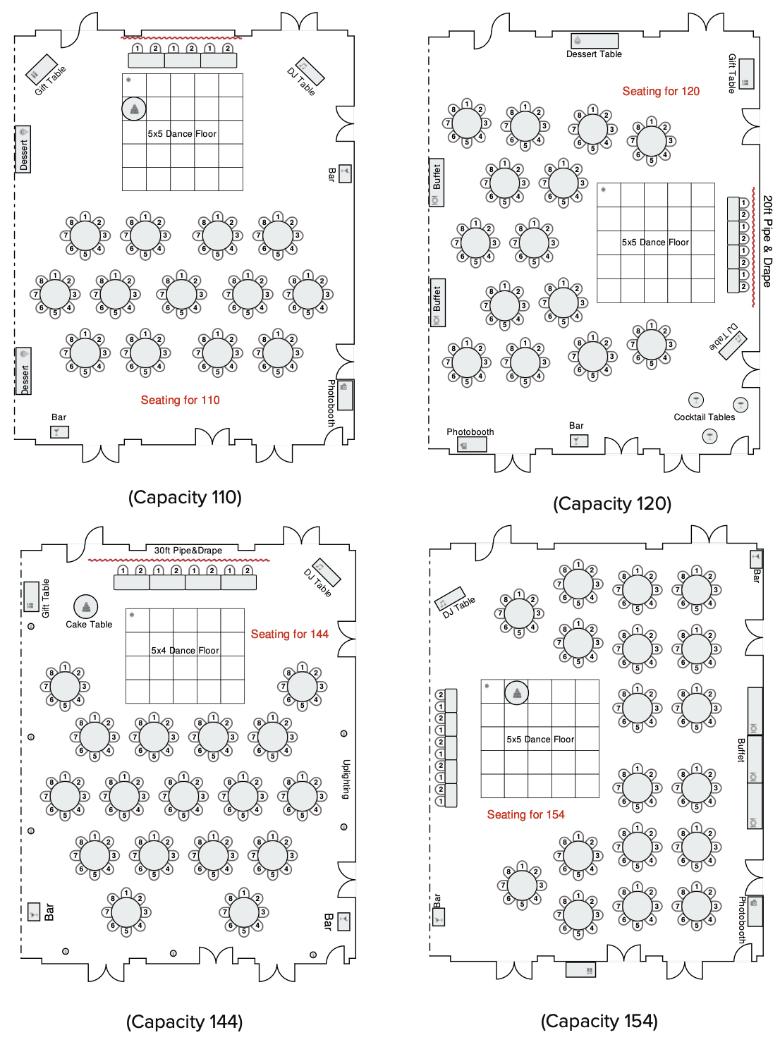 3 - 2.5ft High Top Table 1 - 8ft x 2.5ft Dessert Table 25 - 4ft x 4ft Dance Floor Tiles 4 - 4ft x 2ft Rectangle Table 2 - 8ft x 2.5ft Buffet Table 1 - 2' Drape 120 - 20