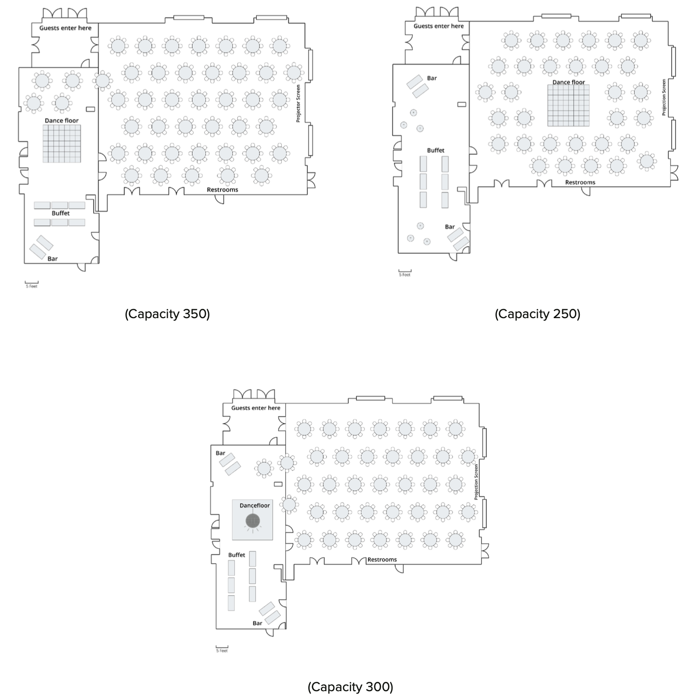 Three configurations of wedding dining at Nelson Commons