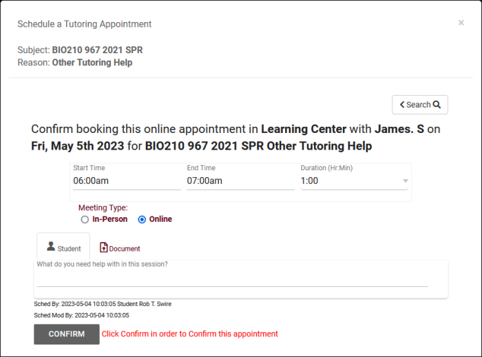 TracCloud Booking Confirmation Pop Up Example