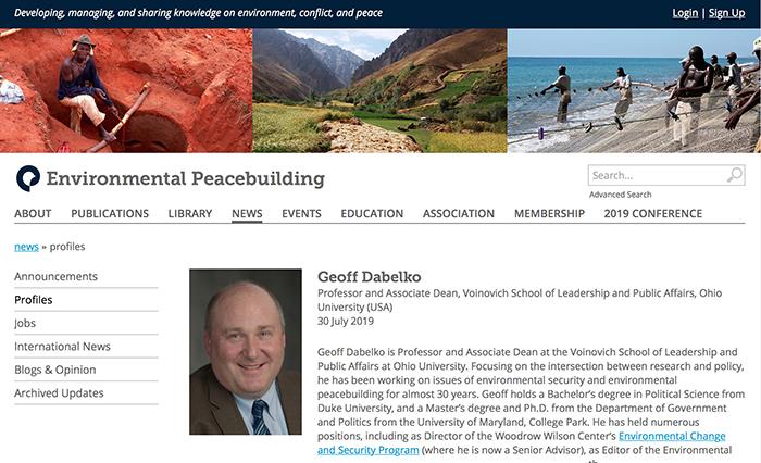 Photo of Geoff Dabelko on Peacebuilding website