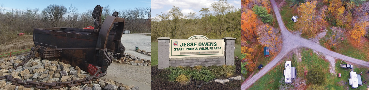 Photos of the big muskie bucket, the Jesse Owens state park sign, and an aerial photo of a campground