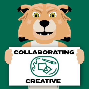 Rufus the Bobcat holding a sign that reads "Collaborating Creative"