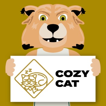 Rufus the Bobcat holding a sign that reads "Cozy Cat"