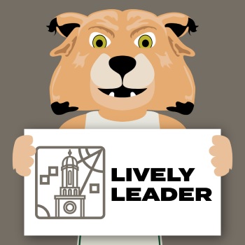 Rufus the Bobcat holding a sign that reads "Lively Leader"