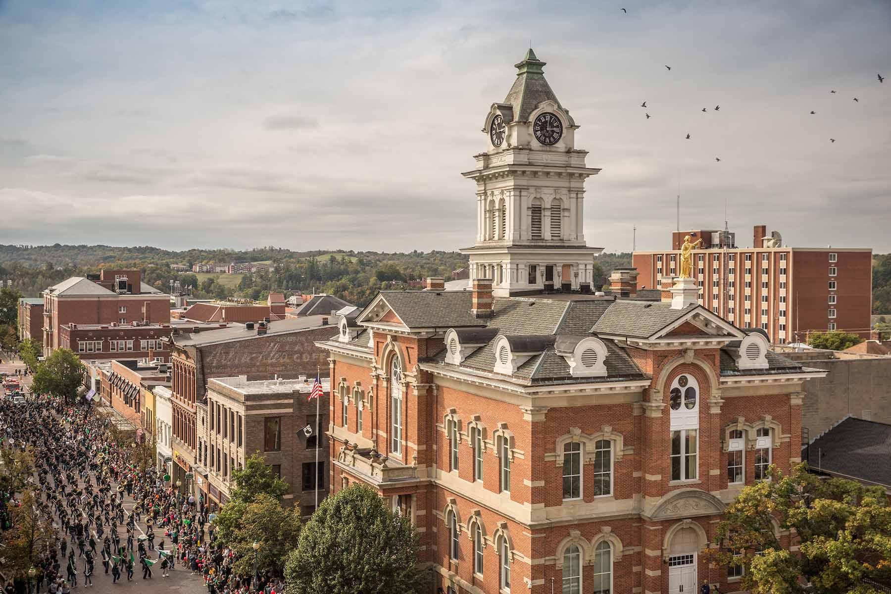 Aerial view of Updtown Athens, Ohio during the annual Ohio University homecoming parade