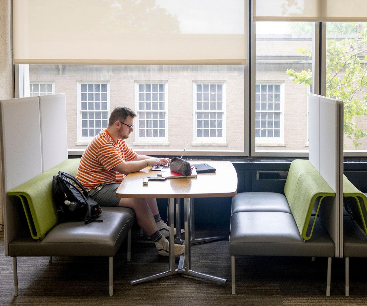 A student studies at their laptop while sitting in a booth in the library.