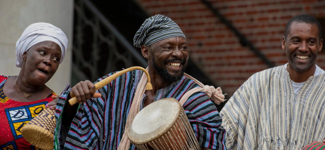 Dancers of the National Dance Company of Ghana and Ohio University perform in a dance  concert on College Green on March 23, 2022. The performance was a part of OU’s Global Arts Festival.