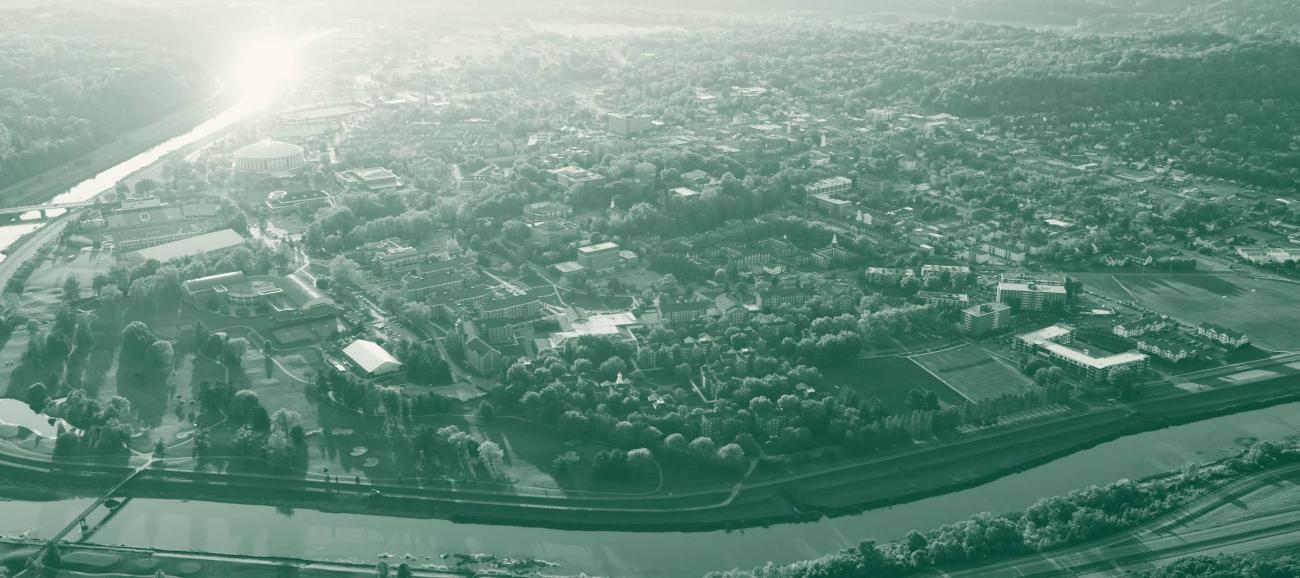 Aerial view of Ohio University's campus at sunset