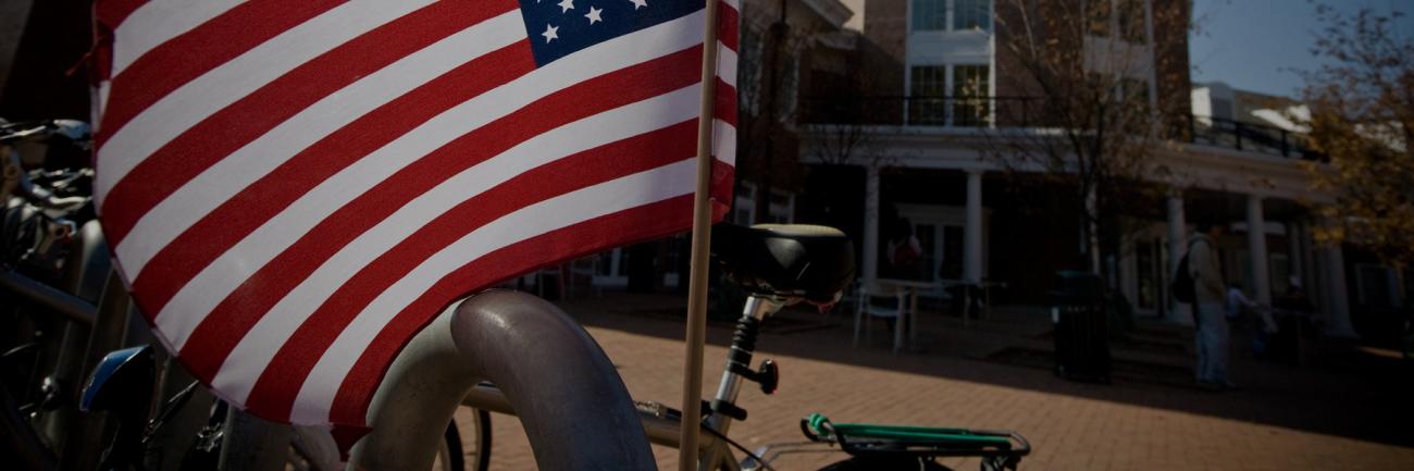 flag on bicycle outside Baker University Center at Ohio University