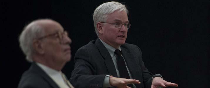 Dr. Steven Miner asks a question at the Baker Peace Conference.