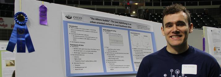 Peter Andrews '18, double-majoring in Linguistics and French, earned a blue ribbon for his presentation on the early results of the Southeast Ohio Language Project’s first study of vowel changes in the Athens region.