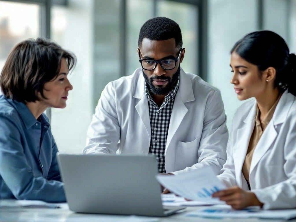 three people in lab coats looking at a laptop