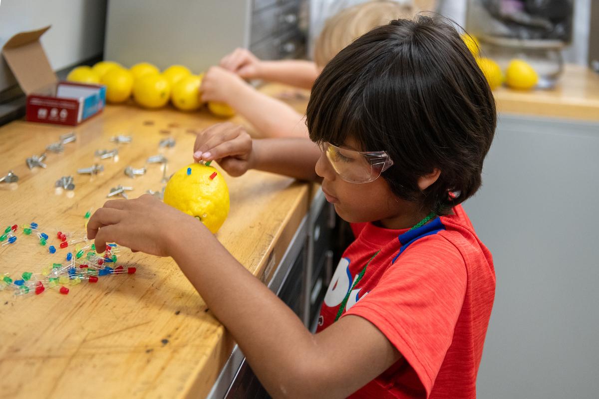 young boy doing experiments on a lemon