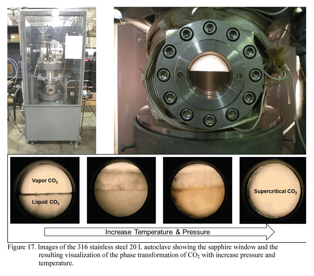 Images of the 316 stainless steel 20 L autoclave showing the sapphire window and the resulting visualization 