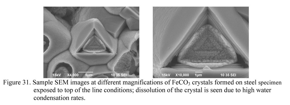 Sample SEM images at different magnifications of FeCO3 crystals formed on steel specimen exposed to top of the line conditions; dissolution of the crystal is seen due to high water condensation rates