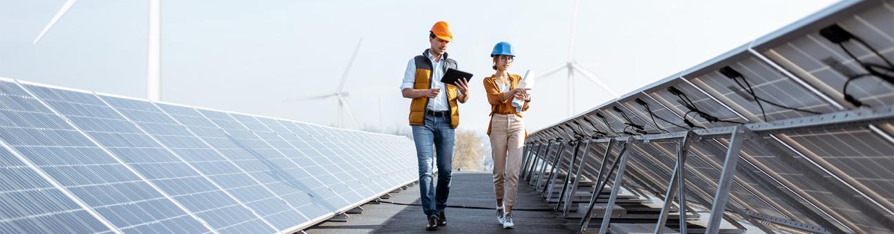 Two engineers walk along a path between solar panels.