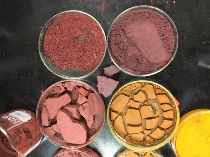 Reclaimed iron oxide pigments being prepared. 