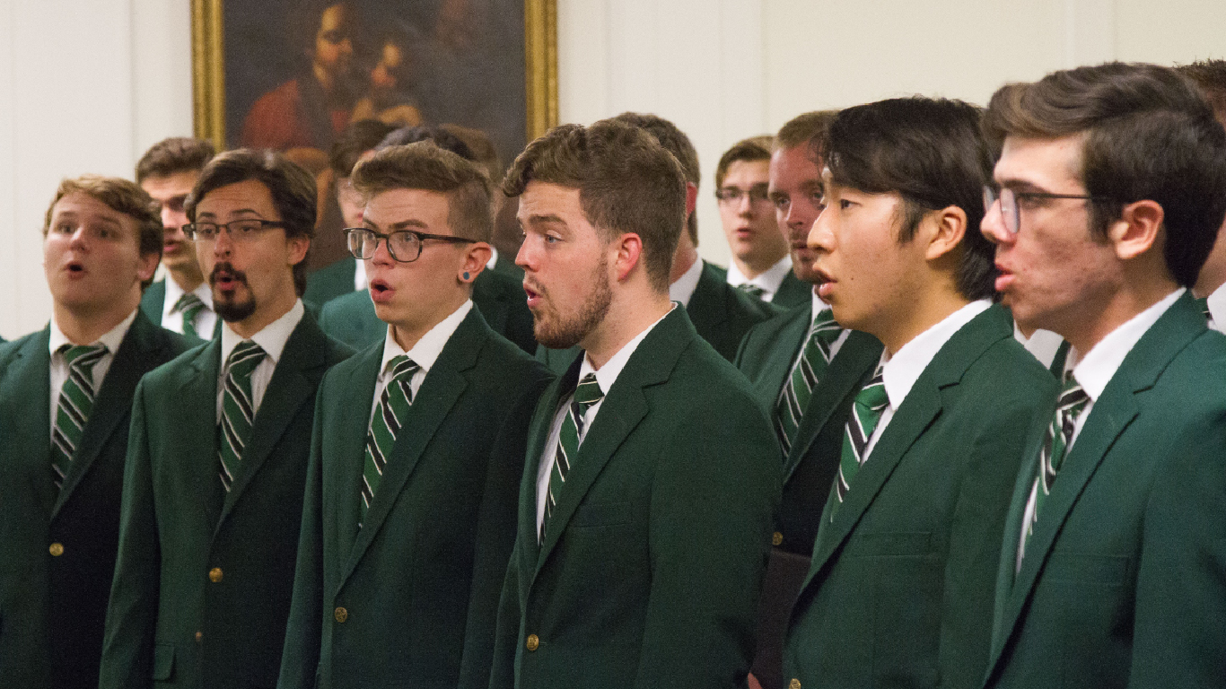 The Singing Men warm up before a concert in the First United Methodist Church, Athens, 2018.