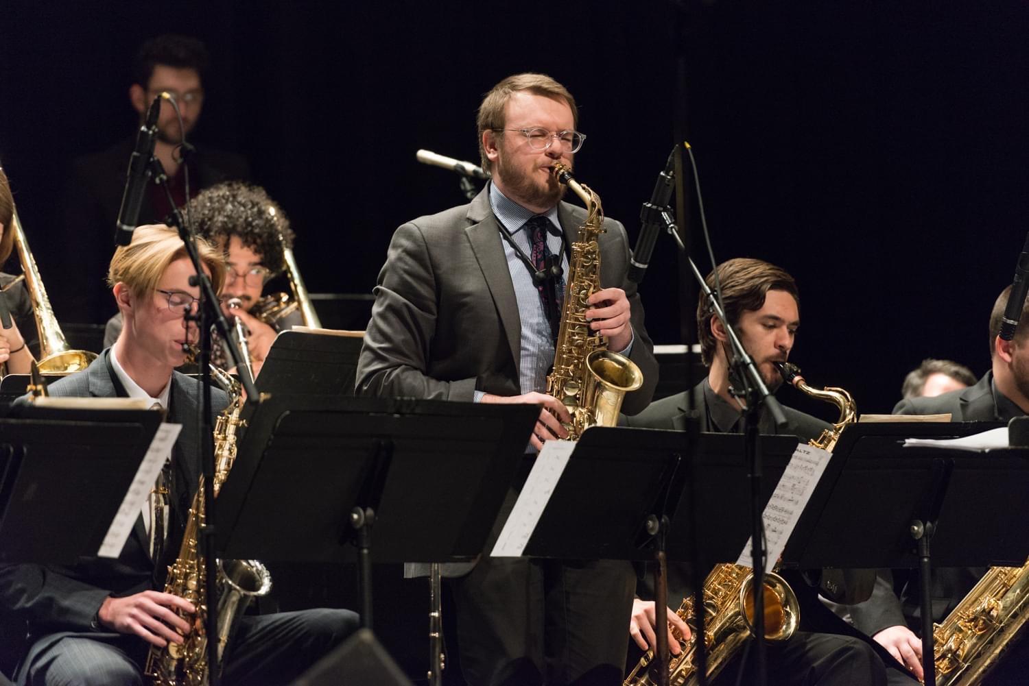 music student, Avery Bumgarner, plays saxaphone