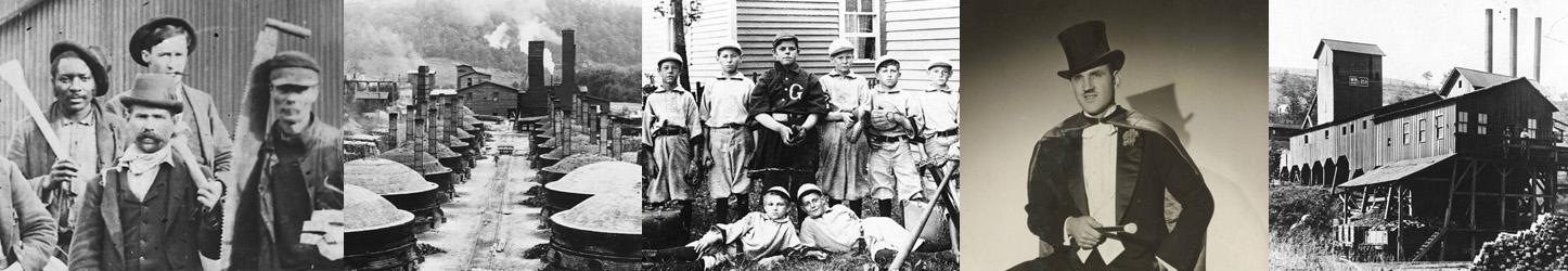 Image is a collage of 5 historical pictures from the Frank Buhla collection, oriented left to right. Picture one is a black and white image depicting 5 working men posing with the tools of their trade. Picture 2 is a black and white, long-view image of a factory. Picture 3 is a black and white image of a youth baseball team. Picture 4 is a sepia image of a posed man in a suit and top hat adorned with a cape and holding a wand or baton. Picture 5 is a black and white image of a factory built into a hillside.