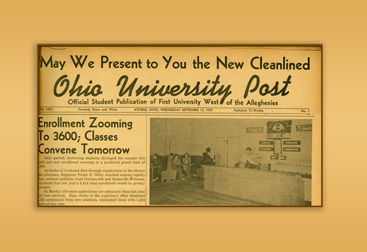 Cropped view of the front page of the September 13th, 1939 issue of the student-run Ohio University Post