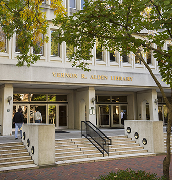 The front entrance of Alden Library