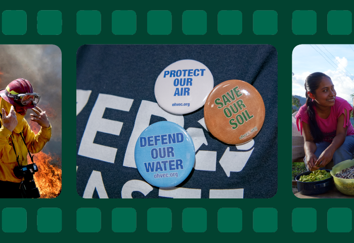 Collage of 3 images related to sustainability, center-most photo shows buttons promoting ohvec.org